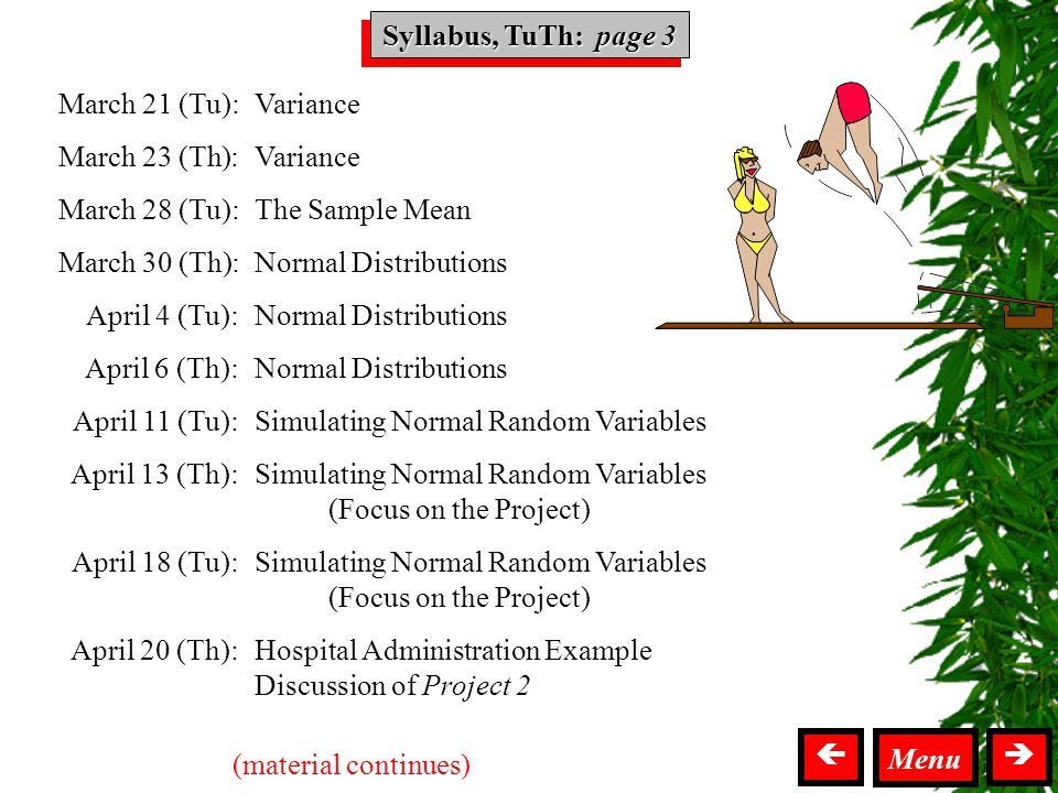 Syllabus TuTh  Variance The Sample Mean Normal Distributions Simulating Normal Random Variables (Focus on the Project) Simulating Normal Random Variables (Focus on the Project) Hospital Administration Example Discussion of Project 2 March 21 (Tu): March 23 (Th): March 28 (Tu): March 30 (Th): April 4 (Tu): April 6 (Th): April 11 (Tu): April 13 (Th): April 18 (Tu): April 20 (Th): (material continues) Menu  Syllabus, TuTh: page 3