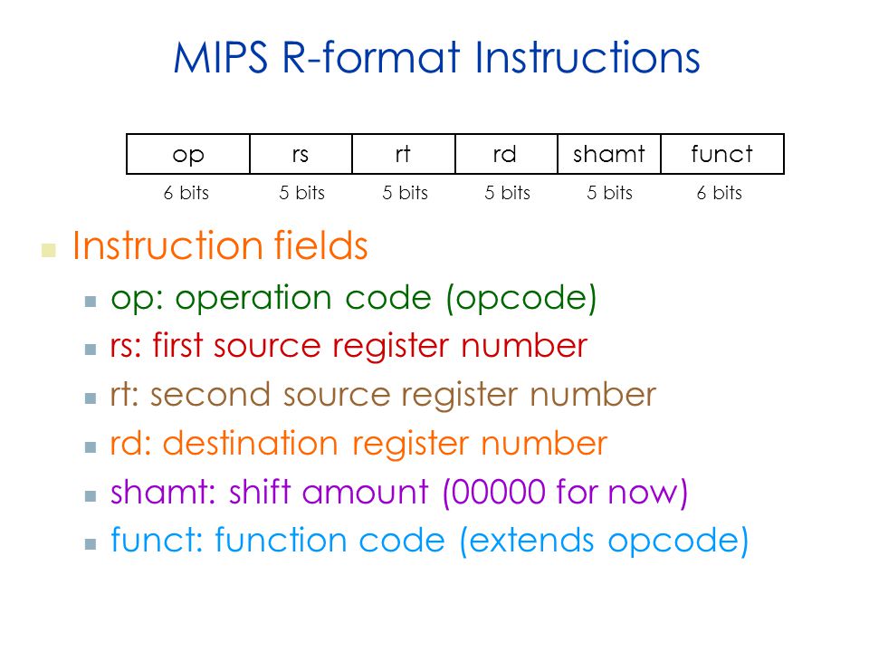 MIPS R-format Instructions Instruction fields op: operation code (opcode) rs: first source register number rt: second source register number rd: destination register number shamt: shift amount (00000 for now) funct: function code (extends opcode) oprsrtrdshamtfunct 6 bits 5 bits