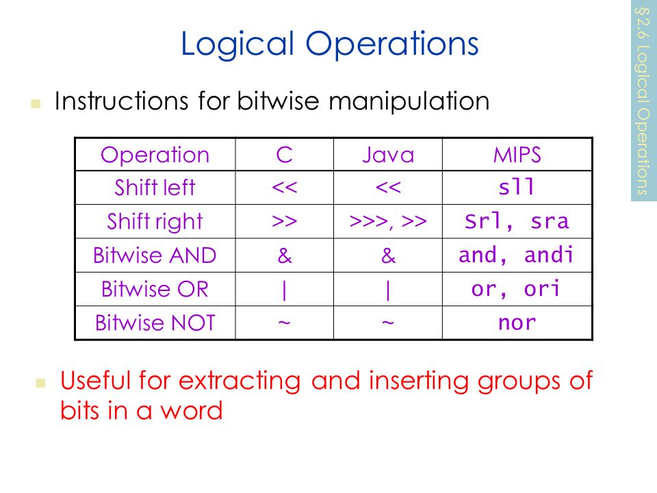 Logical Operations Instructions for bitwise manipulation OperationCJavaMIPS Shift left<< sll Shift right>>>>>, >> Srl, sra Bitwise AND&& and, andi Bitwise OR|| or, ori Bitwise NOT~~ nor Useful for extracting and inserting groups of bits in a word §2.6 Logical Operations