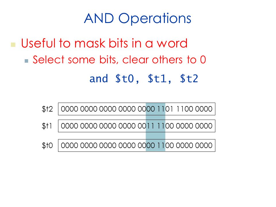 AND Operations Useful to mask bits in a word Select some bits, clear others to 0 and $t0, $t1, $t $t2 $t $t0
