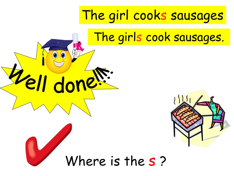 Where is the s The girl cooks sausages The girls cook sausages.