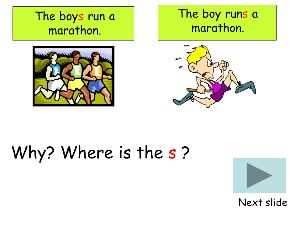 The boys run a marathon. Why Where is the s Next slide