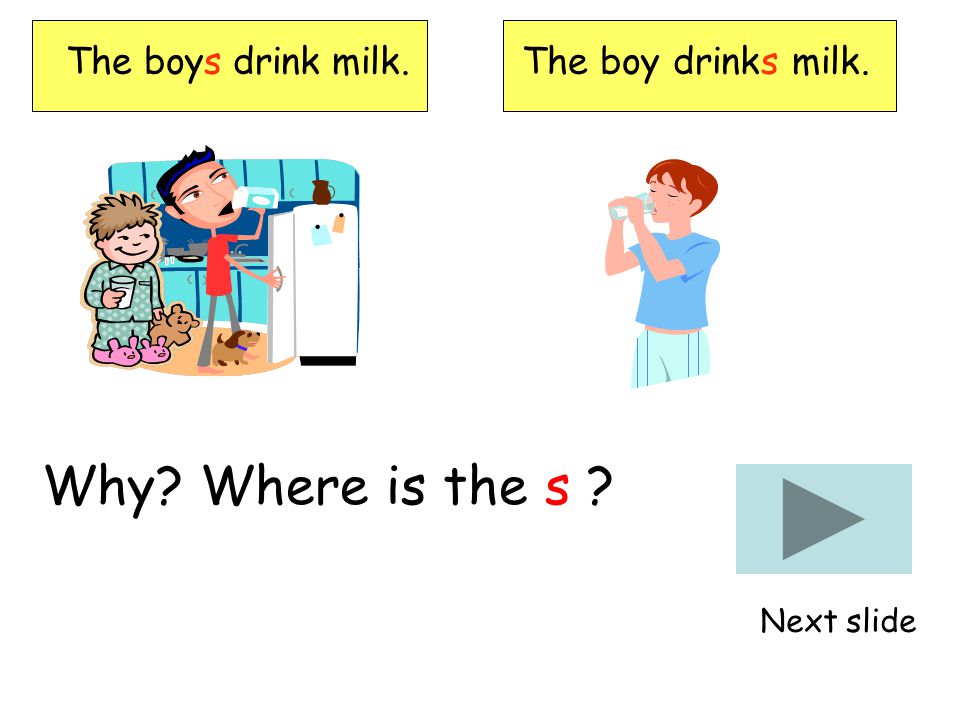 The boys drink milk. Why Where is the s Next slide