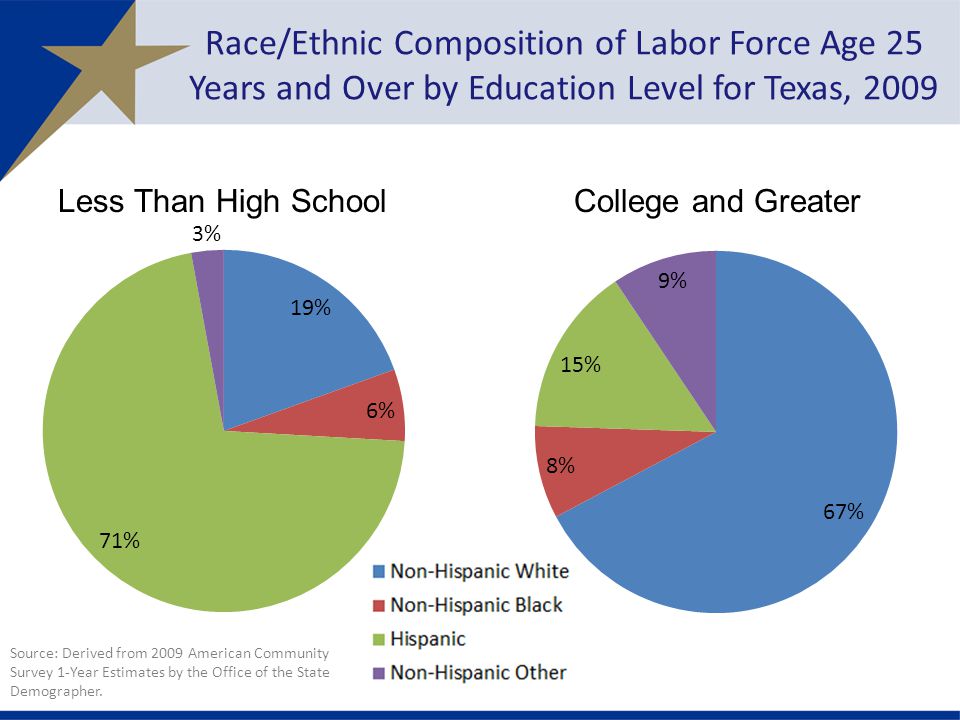 Race/Ethnic Composition of Labor Force Age 25 Years and Over by Education Level for Texas, 2009 Source: Derived from 2009 American Community Survey 1-Year Estimates by the Office of the State Demographer.
