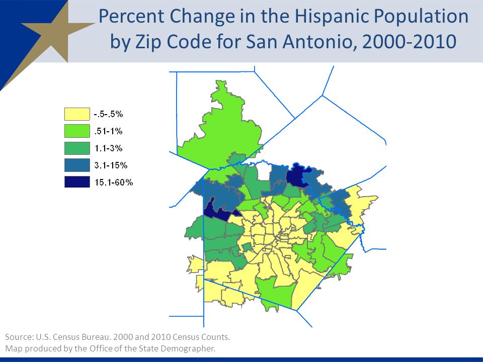 Percent Change in the Hispanic Population by Zip Code for San Antonio, Source: U.S.