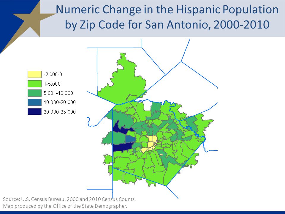 Numeric Change in the Hispanic Population by Zip Code for San Antonio, Source: U.S.