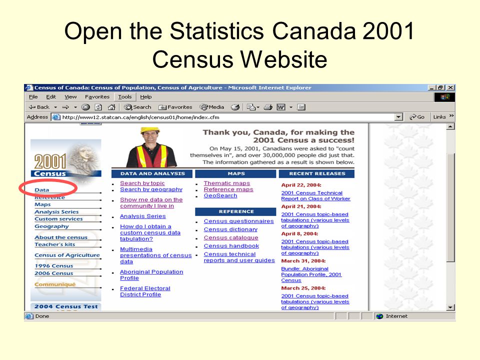 Open the Statistics Canada 2001 Census Website
