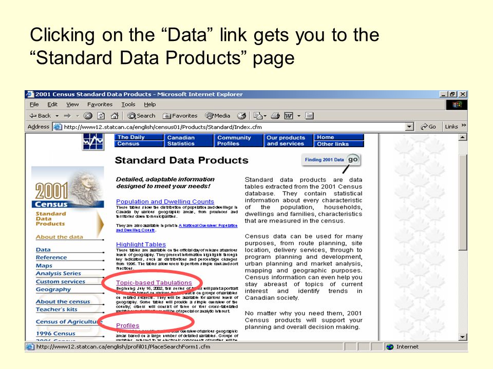 Clicking on the Data link gets you to the Standard Data Products page