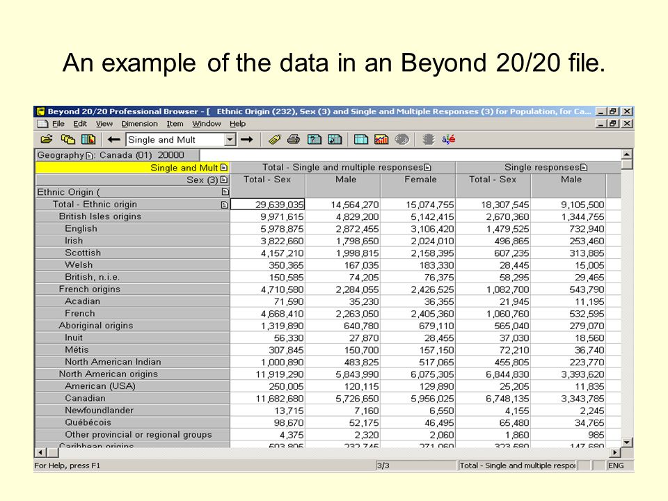 An example of the data in an Beyond 20/20 file.
