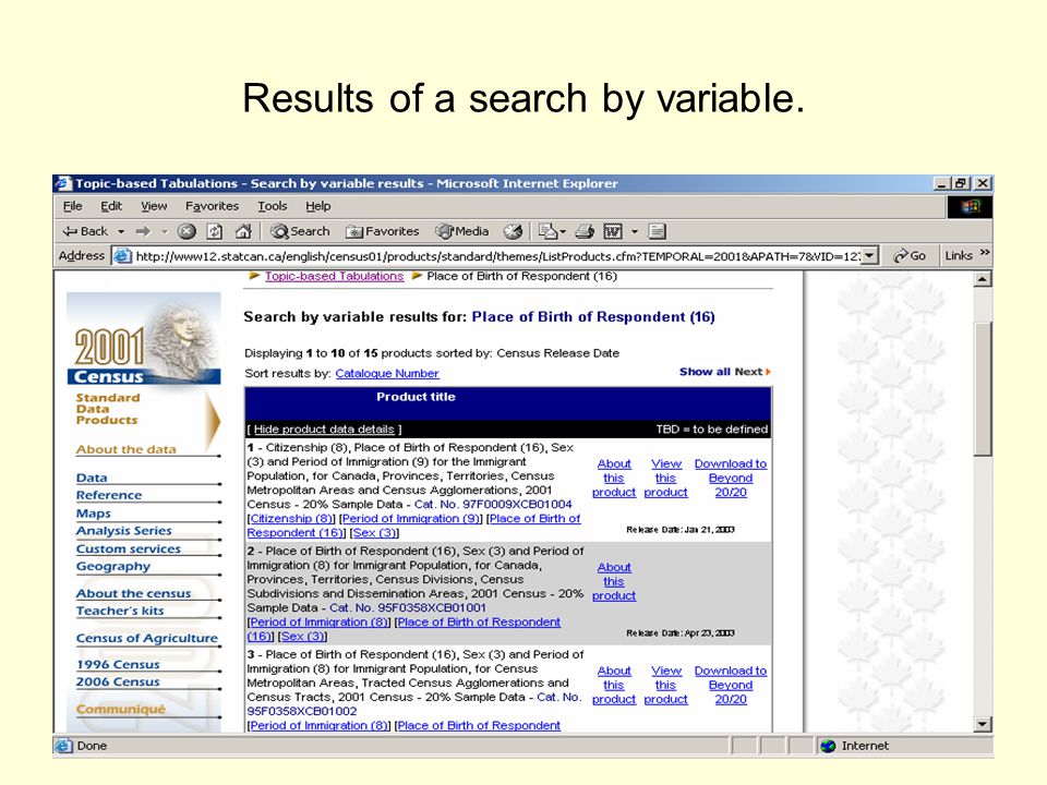 Results of a search by variable.