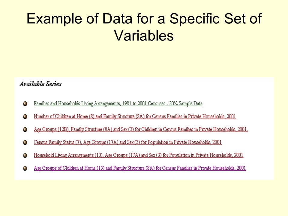 Example of Data for a Specific Set of Variables