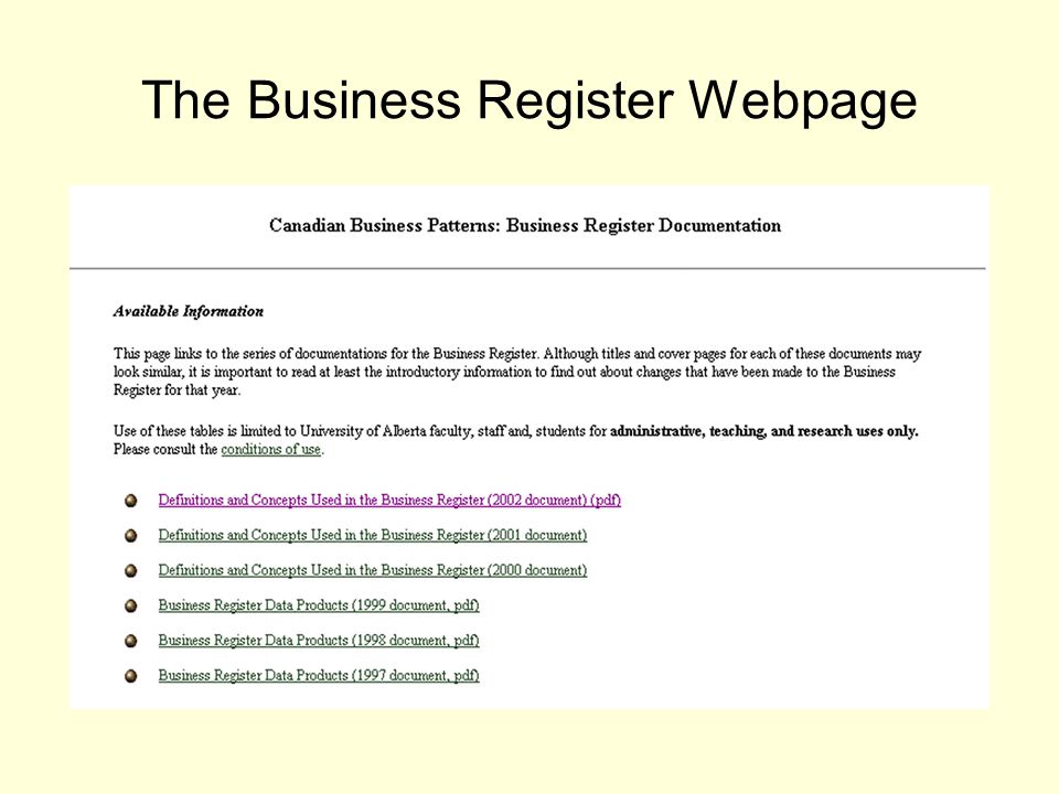 The Business Register Webpage