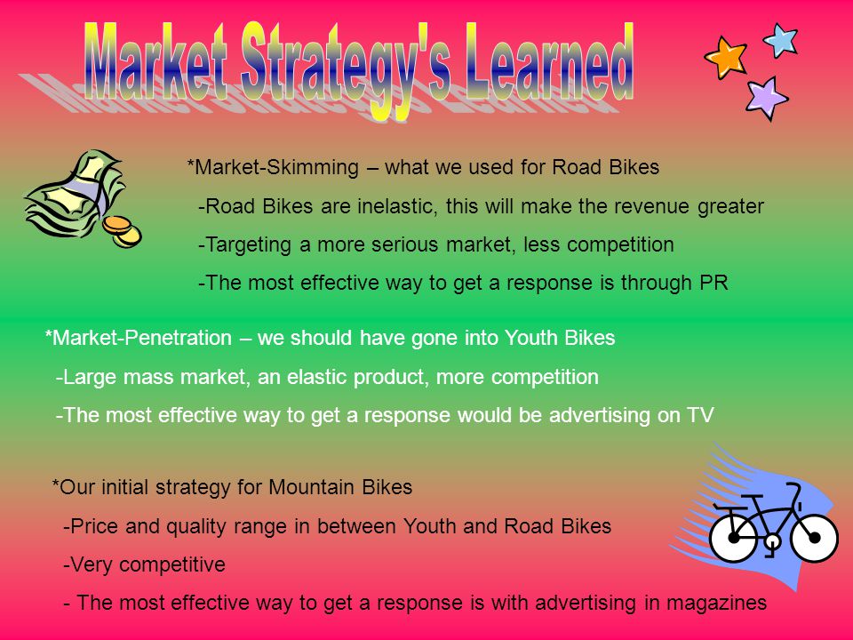 *Market-Skimming – what we used for Road Bikes -Road Bikes are inelastic, this will make the revenue greater -Targeting a more serious market, less competition -The most effective way to get a response is through PR *Market-Penetration – we should have gone into Youth Bikes -Large mass market, an elastic product, more competition -The most effective way to get a response would be advertising on TV *Our initial strategy for Mountain Bikes -Price and quality range in between Youth and Road Bikes -Very competitive - The most effective way to get a response is with advertising in magazines