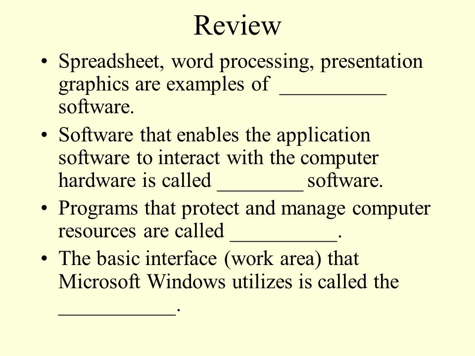 Spreadsheet, word processing, presentation graphics are examples of __________ software.
