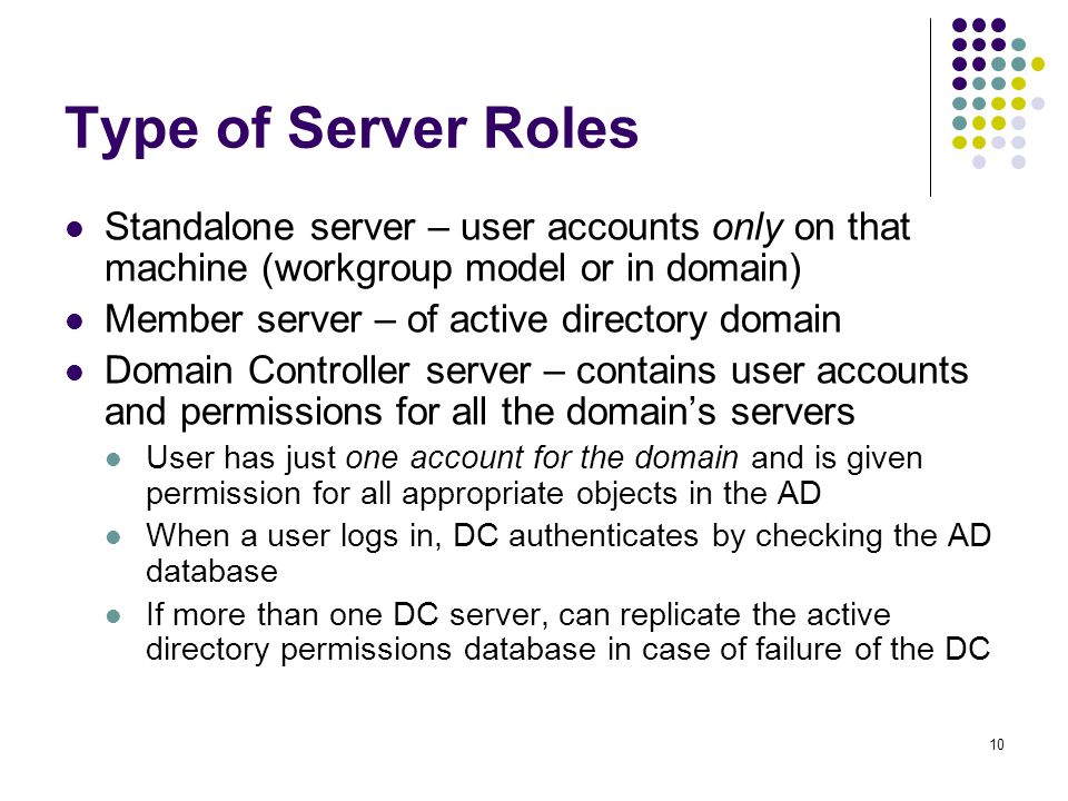 10 Type of Server Roles Standalone server – user accounts only on that machine (workgroup model or in domain) Member server – of active directory domain Domain Controller server – contains user accounts and permissions for all the domain’s servers User has just one account for the domain and is given permission for all appropriate objects in the AD When a user logs in, DC authenticates by checking the AD database If more than one DC server, can replicate the active directory permissions database in case of failure of the DC