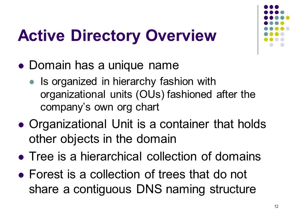 12 Active Directory Overview Domain has a unique name Is organized in hierarchy fashion with organizational units (OUs) fashioned after the company’s own org chart Organizational Unit is a container that holds other objects in the domain Tree is a hierarchical collection of domains Forest is a collection of trees that do not share a contiguous DNS naming structure
