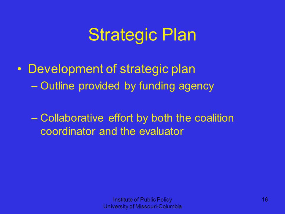 Institute of Public Policy University of Missouri-Columbia 16 Strategic Plan Development of strategic plan –Outline provided by funding agency –Collaborative effort by both the coalition coordinator and the evaluator