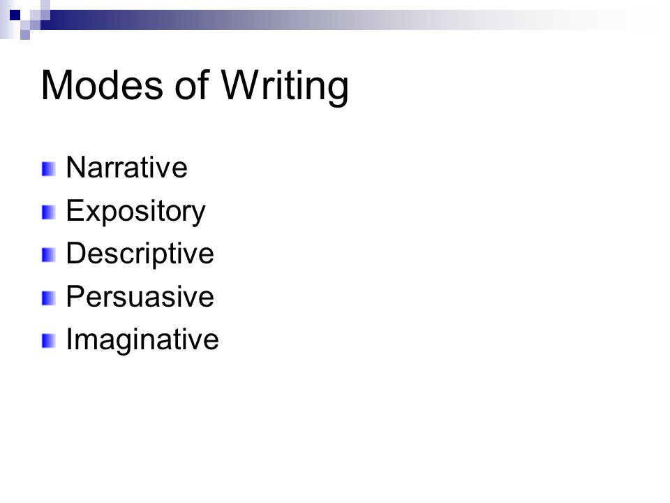 Modes of Writing Narrative Expository Descriptive Persuasive Imaginative