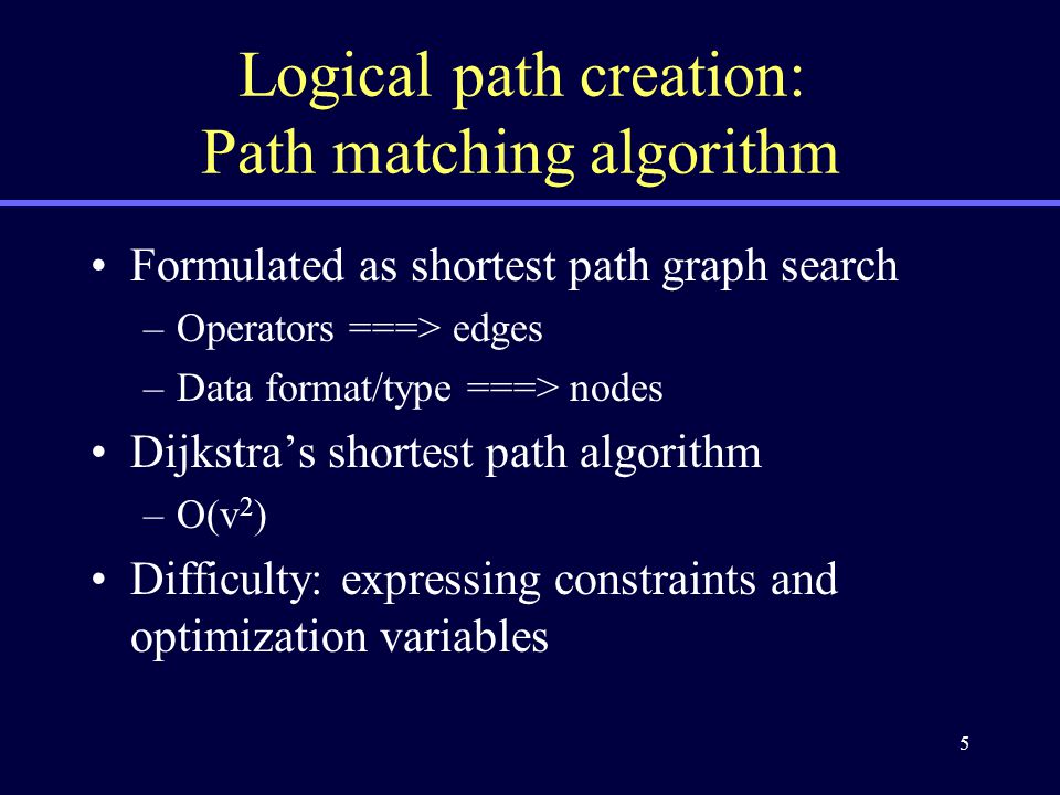 5 Logical path creation: Path matching algorithm Formulated as shortest path graph search –Operators ===> edges –Data format/type ===> nodes Dijkstra’s shortest path algorithm –O(v 2 ) Difficulty: expressing constraints and optimization variables