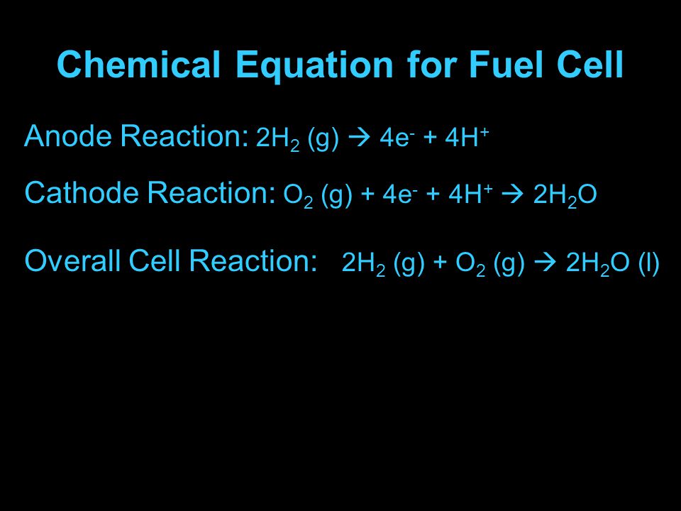 Chemical Equation for Fuel Cell Anode Reaction: 2H 2 (g)  4e - + 4H + Overall Cell Reaction: 2H 2 (g) + O 2 (g)  2H 2 O (l) Cathode Reaction: O 2 (g) + 4e - + 4H +  2H 2 O