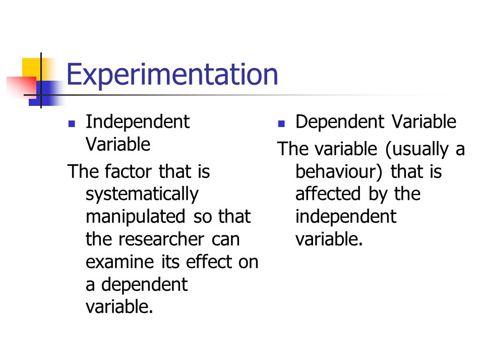 Experimentation Independent Variable The factor that is systematically manipulated so that the researcher can examine its effect on a dependent variable.