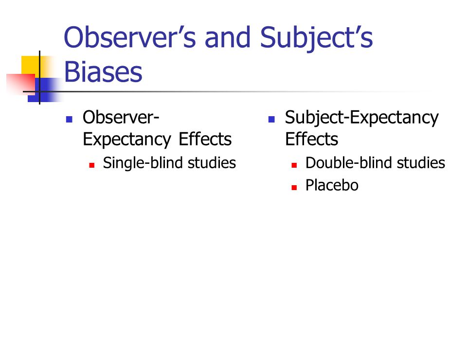 Observer’s and Subject’s Biases Observer- Expectancy Effects Single-blind studies Subject-Expectancy Effects Double-blind studies Placebo