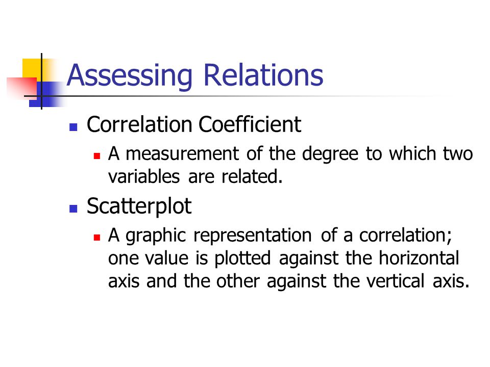Assessing Relations Correlation Coefficient A measurement of the degree to which two variables are related.