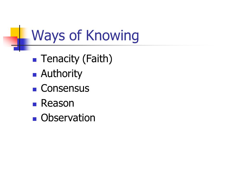 Ways of Knowing Tenacity (Faith) Authority Consensus Reason Observation