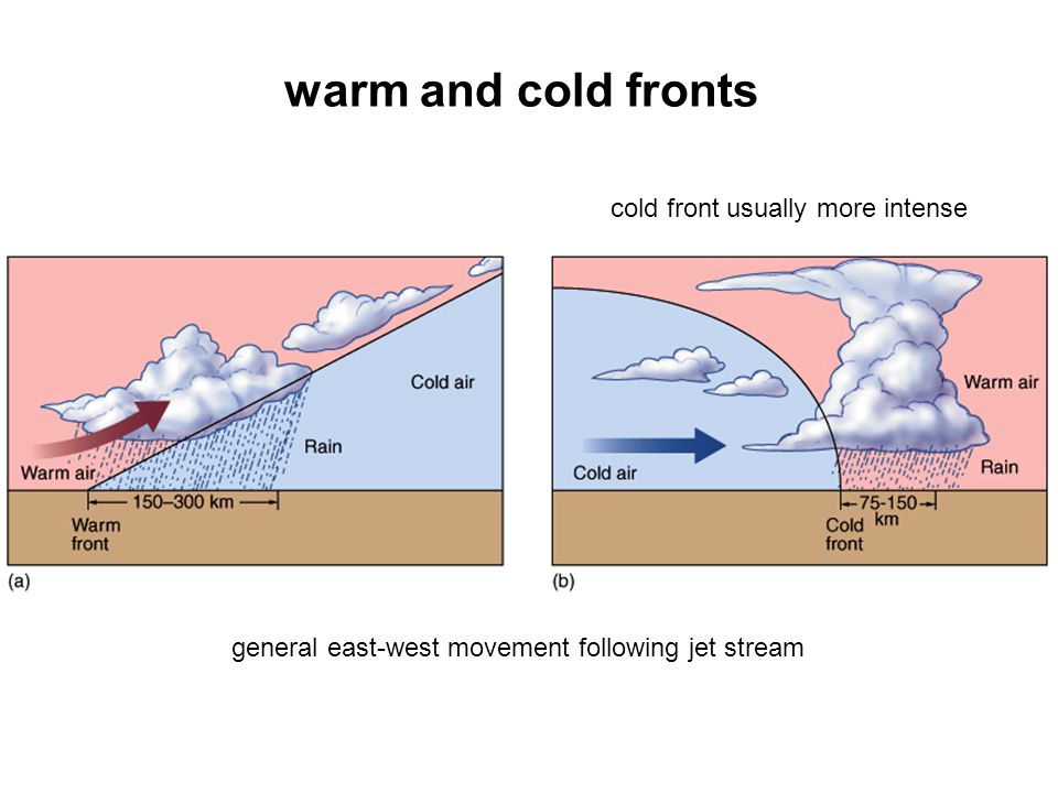 warm and cold fronts general east-west movement following jet stream cold front usually more intense