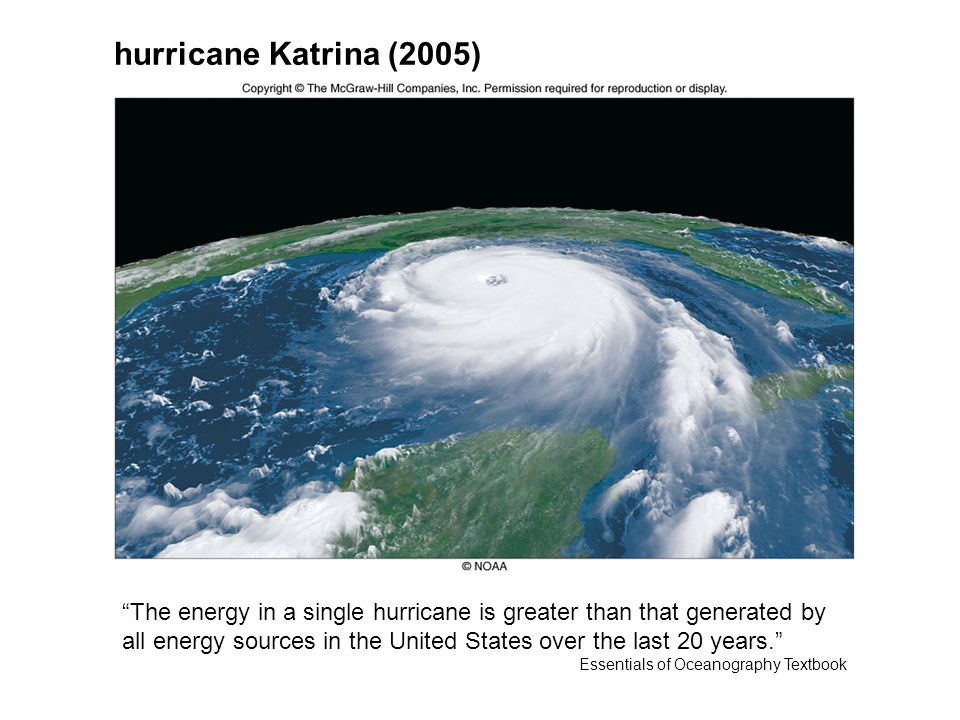 hurricane Katrina (2005) The energy in a single hurricane is greater than that generated by all energy sources in the United States over the last 20 years. Essentials of Oceanography Textbook