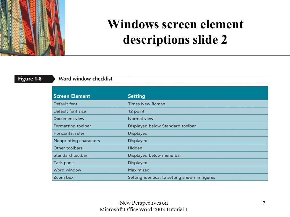 XP New Perspectives on Microsoft Office Word 2003 Tutorial 1 7 Windows screen element descriptions slide 2