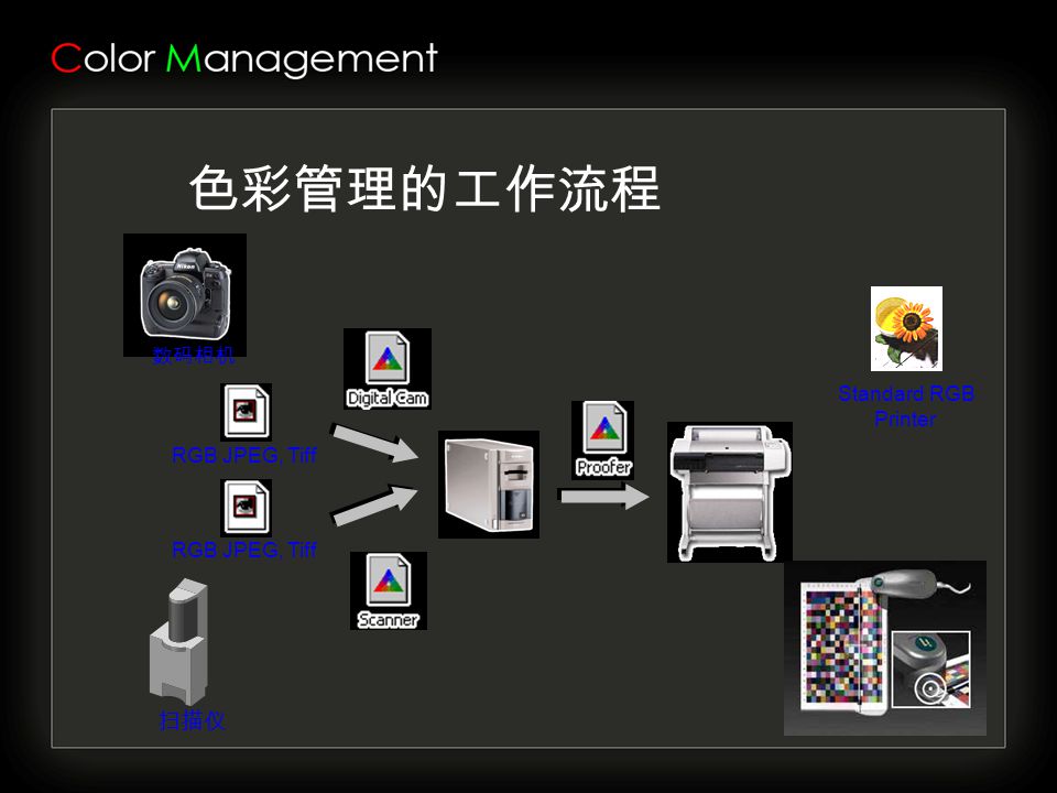 数码相机 RGB JPEG, Tiff Standard RGB Printer 色彩管理的工作流程 扫描仪
