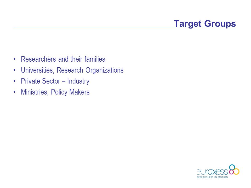 Target Groups Researchers and their families Universities, Research Organizations Private Sector – Industry Ministries, Policy Makers