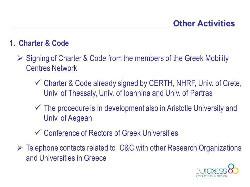 1.Charter & Code  Signing of Charter & Code from the members of the Greek Mobility Centres Network Charter & Code already signed by CERTH, NHRF, Univ.