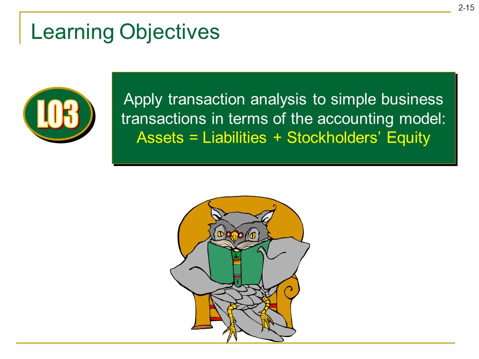 2-15 Learning Objectives Apply transaction analysis to simple business transactions in terms of the accounting model: Assets = Liabilities + Stockholders’ Equity