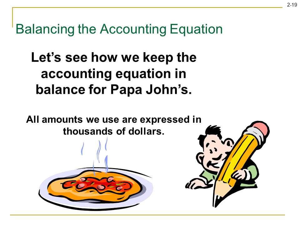 2-19 Balancing the Accounting Equation Let’s see how we keep the accounting equation in balance for Papa John’s.