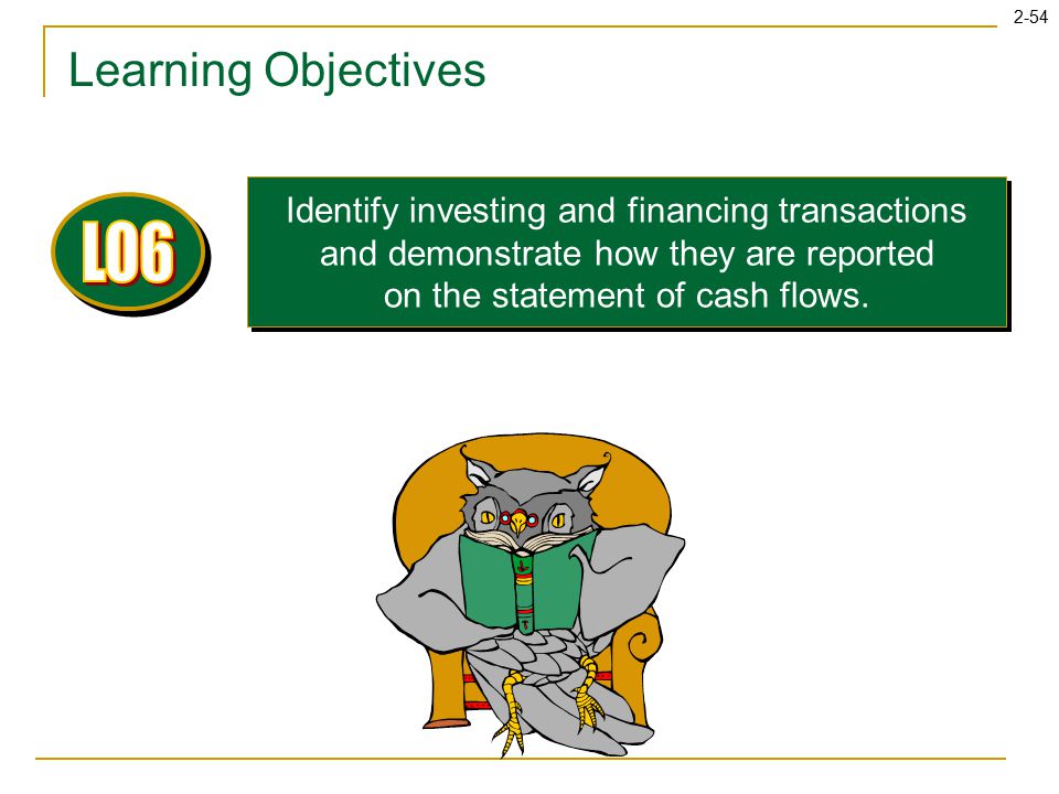 2-54 Learning Objectives Identify investing and financing transactions and demonstrate how they are reported on the statement of cash flows.