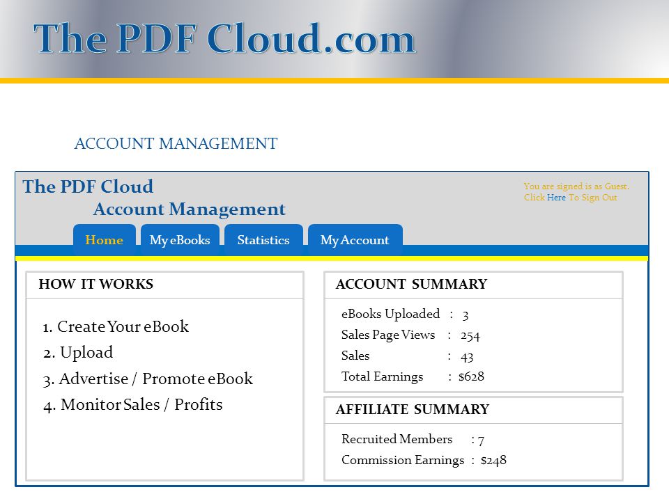 ACCOUNT MANAGEMENT The PDF Cloud Account Management HomeMy eBooksStatisticsMy Account You are signed is as Guest.