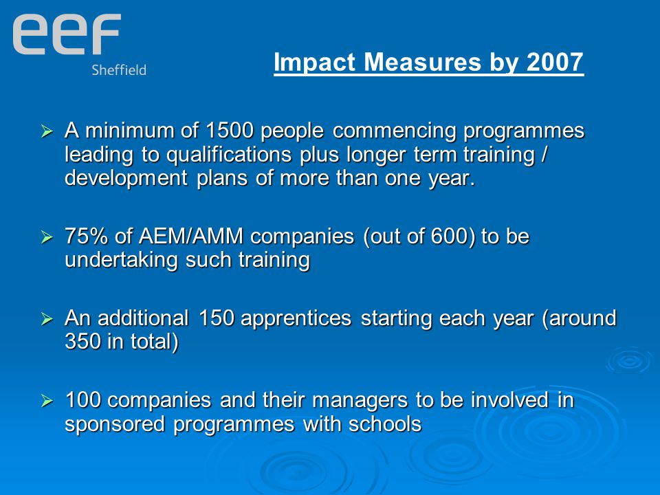 Impact Measures by 2007  A minimum of 1500 people commencing programmes leading to qualifications plus longer term training / development plans of more than one year.