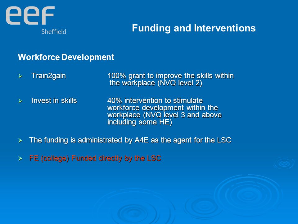 Funding and Interventions Workforce Development  Train2gain100% grant to improve the skills within the workplace (NVQ level 2)  Invest in skills 40% intervention to stimulate workforce development within the workplace (NVQ level 3 and above including some HE)  The funding is administrated by A4E as the agent for the LSC  FE (college) Funded directly by the LSC