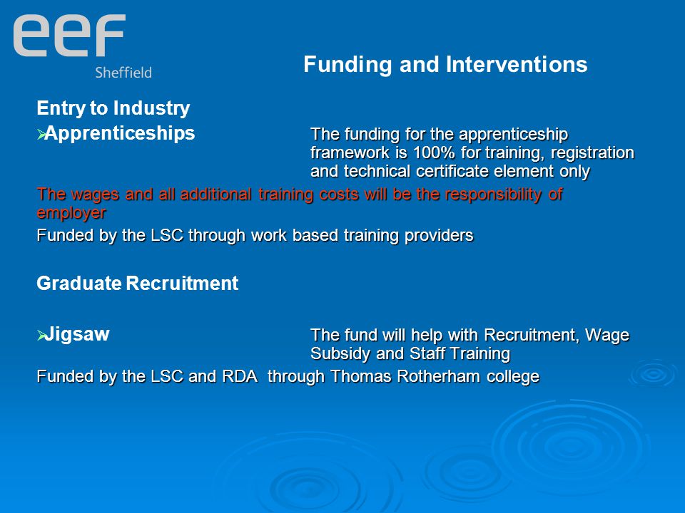 Funding and Interventions Entry to Industry  The funding for the apprenticeship framework is 100% for training, registration and technical certificate element only  Apprenticeships The funding for the apprenticeship framework is 100% for training, registration and technical certificate element only The wages and all additional training costs will be the responsibility of employer Funded by the LSC through work based training providers Graduate Recruitment  The fund will help with Recruitment, Wage Subsidy and Staff Training  Jigsaw The fund will help with Recruitment, Wage Subsidy and Staff Training Funded by the LSC and RDA through Thomas Rotherham college