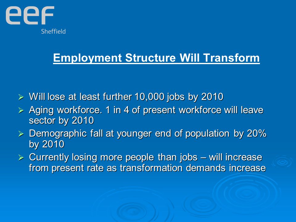 Employment Structure Will Transform  Will lose at least further 10,000 jobs by 2010  Aging workforce.