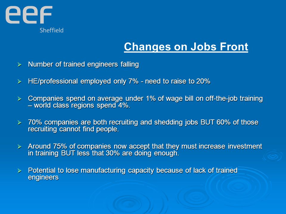 Changes on Jobs Front  Number of trained engineers falling  HE/professional employed only 7% - need to raise to 20%  Companies spend on average under 1% of wage bill on off-the-job training – world class regions spend 4%.