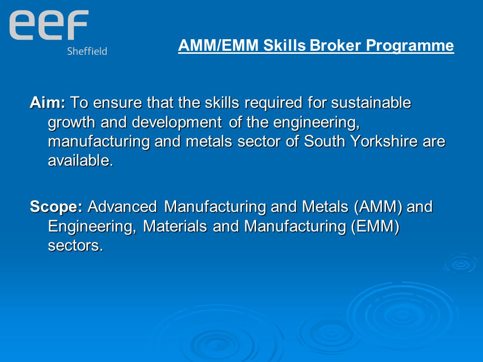 Aim: To ensure that the skills required for sustainable growth and development of the engineering, manufacturing and metals sector of South Yorkshire are available.
