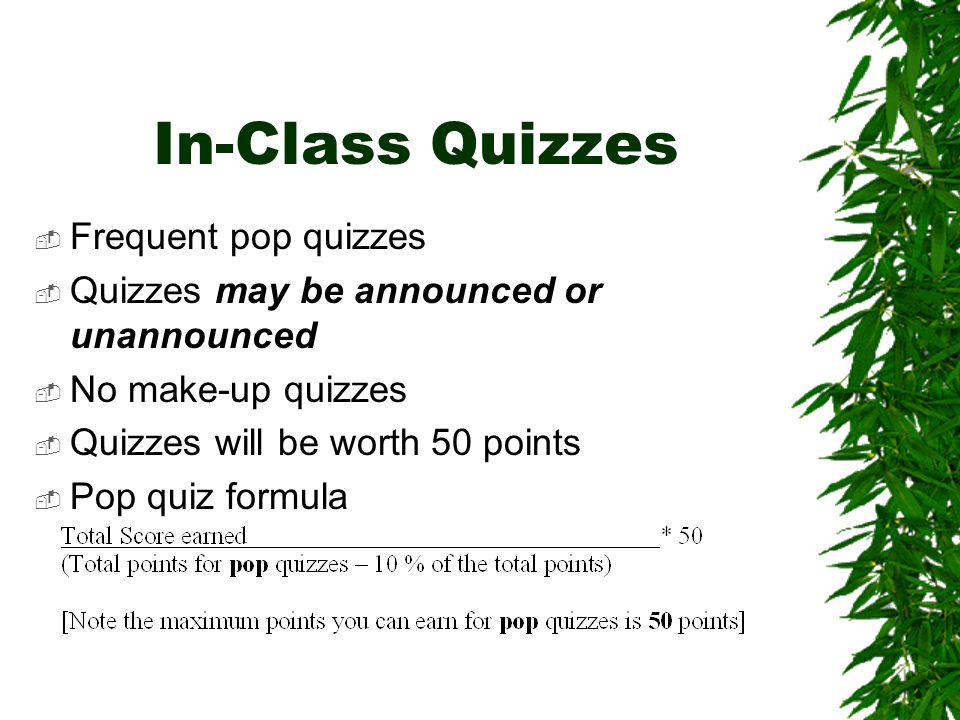 In-Class Quizzes  Frequent pop quizzes  Quizzes may be announced or unannounced  No make-up quizzes  Quizzes will be worth 50 points  Pop quiz formula