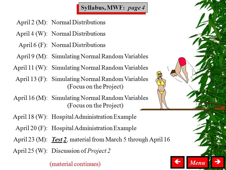 Syllabus MWF Syllabus, MWF: page 4  April 2 (M): April 4 (W): April 6 (F): April 9 (M): April 11 (W): April 13 (F): April 16 (M): April 18 (W): April 20 (F): April 23 (M): April 25 (W): Normal Distributions Simulating Normal Random Variables (Focus on the Project) Simulating Normal Random Variables (Focus on the Project) Hospital Administration Example Test 2, material from March 5 through April 16 Discussion of Project 2 (material continues)  Menu