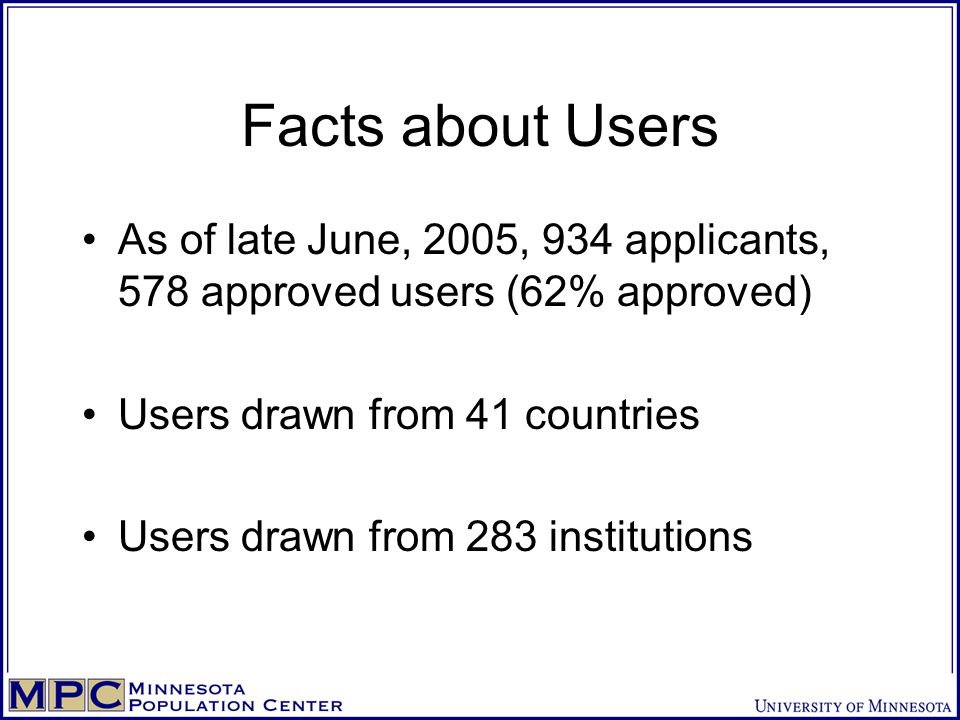 Facts about Users As of late June, 2005, 934 applicants, 578 approved users (62% approved) Users drawn from 41 countries Users drawn from 283 institutions