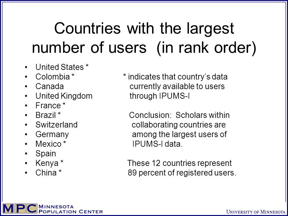 Countries with the largest number of users (in rank order) United States * Colombia * * indicates that country’s data Canada currently available to users United Kingdom through IPUMS-I France * Brazil * Conclusion: Scholars within Switzerland collaborating countries are Germany among the largest users of Mexico * IPUMS-I data.