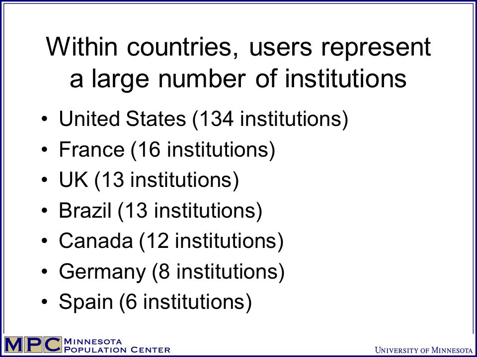 Within countries, users represent a large number of institutions United States (134 institutions) France (16 institutions) UK (13 institutions) Brazil (13 institutions) Canada (12 institutions) Germany (8 institutions) Spain (6 institutions)
