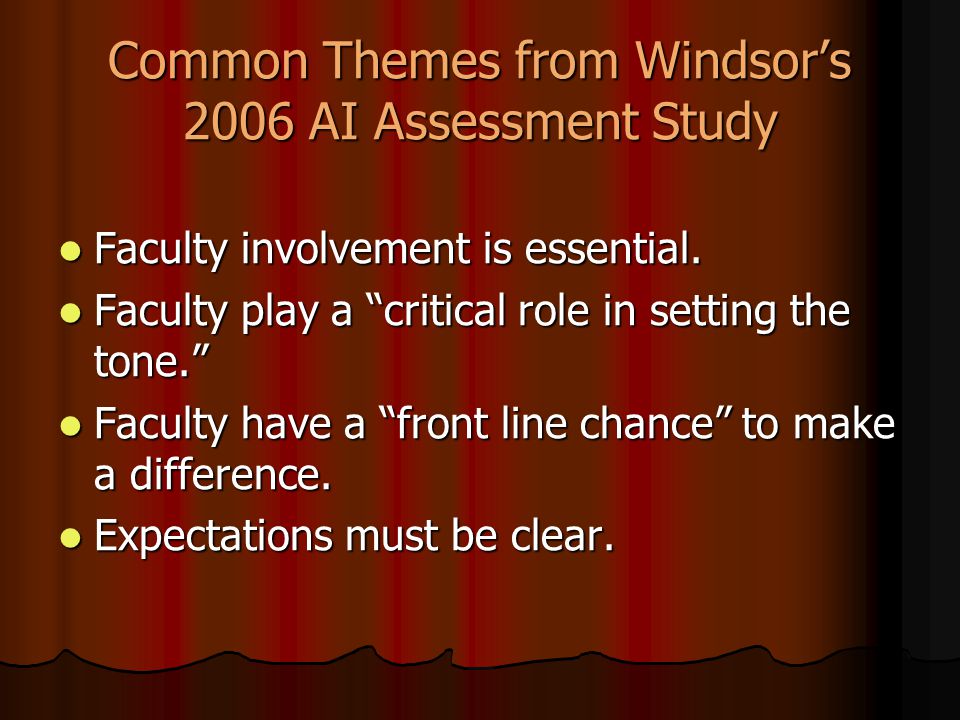 Common Themes from Windsor’s 2006 AI Assessment Study Faculty involvement is essential.